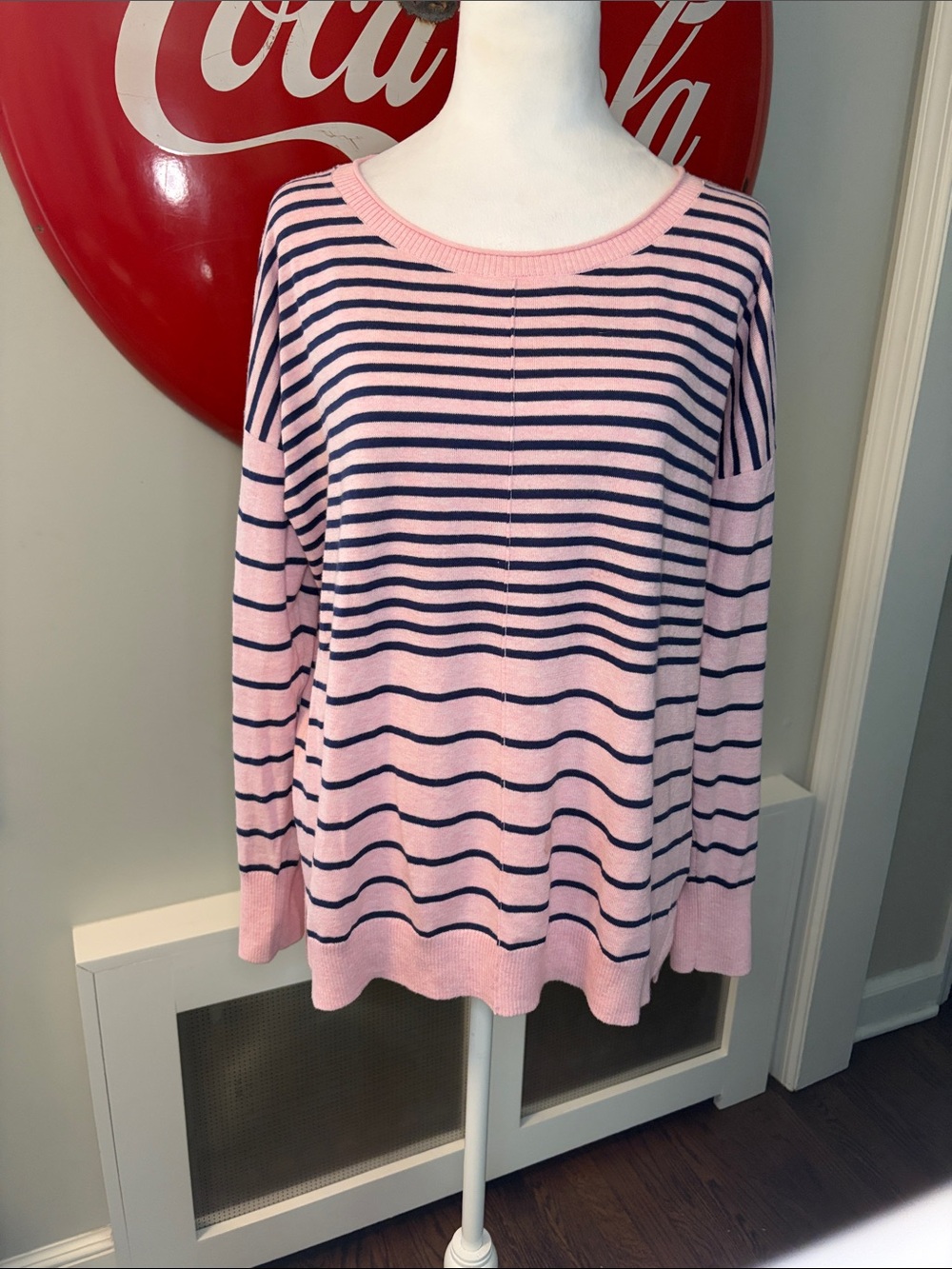Lilly Pulitzer pink & navy stripe light sweater, gold tone buttons, oversized M